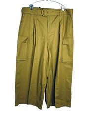 NWOT Eloquii Wide Leg Belted Crop Linen Pants Cargo Pockets Chartreuse Plus 24