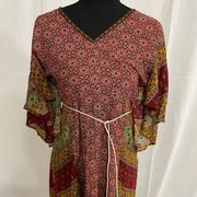 Umgee Bohemian Patchwork V-Neck Tie Back Casual Dress Size Small - EUC