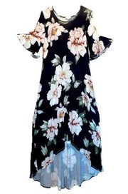 7th Ray Black with Flower Detail High Low Dress Small