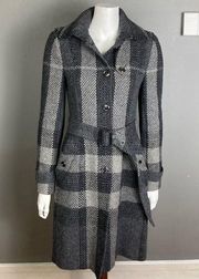 Burberry long trench coat women's size 6 plaid wool belted gray winter