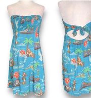 Vintage Harley Davidson Dress Blue Green Strapless Hawaiian Floral Tie Back