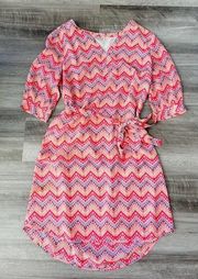 Ellie Kai Silk Shift Dress Size 10 Lined Pink Orange Geometric Print Belted L6