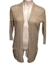 Pink Rose Open Front‎ Cable Knit Cardigan Sweater Front Pockets in Cream Medium