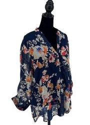 KUT From The Kloth Womens Floral Sheer Tunic Blouse Navy Multicolor Size Medium