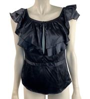 Bebe Black Satin Ruffle Neckline Blouse