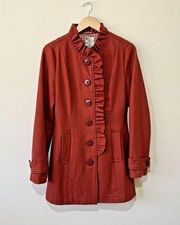 Tulle Anthropologie Womens Jacket Size M Pea Coat Wool Rust Ruffle Boho Long