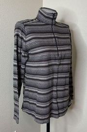 Women’s Sz Medium M Pullover Shirt 1/4 Zip Cotton Black Gray Stripes