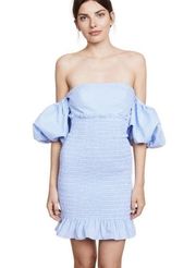 PETERSYN Winona Mini Dress In Azure gingham off shoulder puff sleeves XS