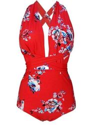 Cocoship Floral Retro Backless Wrap Around One Piece Swimsuit Red Plus Size 3XL