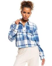 NWT  Both Ways Cropped Plaid Button Down Shirt Blue Size M