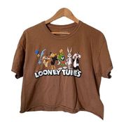 Looney Tunes Brown Cropped Graphic Crew Neck Tee Women's SZ L Bugs Bunny