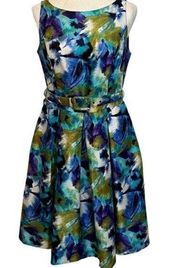 Evan Picone Purple Green White Self-Fabric Belted Fit and Flare Lined Dress 10