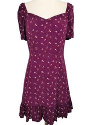 Melloday Floral Puff Sleeve A-Line Mini Dress Burgundy Size Large NWOT