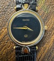 Gucci Women's Croc Embossed Leather Black and Gold Round Watch 4500L with Box