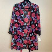 FLORA NIKROOTZ Floral Robe kimono NWT black pink purple sheet belted