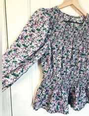 Pleione Floral Puff Sleeve Smocked Waist Peplum Blouse  Anthropologie - Size S