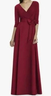 Alfred Sung Sz 0 D736 Jersey Mikado Burgundy 3/4 Sleeve Belted Formal Gown NWT