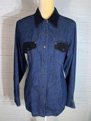 Womens Harley-Davidson Blue Denim Snap Shirt Black Faux Suede Accents Size M