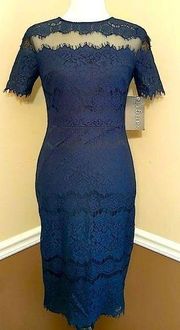 NEW Sangria Navy Blue Lace Short Sleeves Black Mesh Modcloth Dress Size 2