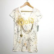 CACHE Teez Cream, rhinestone graphic T-shirt