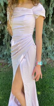 DESIGN satin bardot drape wrap maxi dress in pale lavender