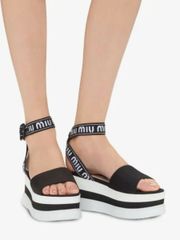 Miu Miu Black Nylon Platform Ankle Strap Logo Slingback Wedge Sandals Size EU 41