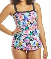 MAXINE Painted Petals Bandeau Sarong One Piece Swimsuit Size 14 Pink/Multicolor