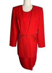 Vintage 90s Studio I One Piece Suit Dress 10 Red Sequin Long Sleeve Button Lined
