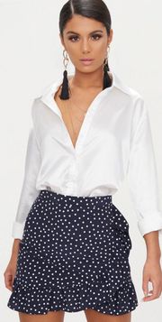 PrettyLittleThing Navy Polka Dot Frill Hem Wrap Mini Skirt Size 6 NWT