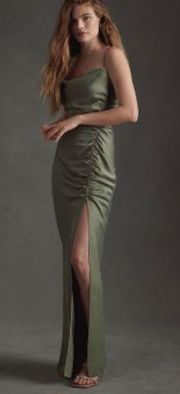 Jennings Cowl Neck Ruched Side-Slit Satin Gown