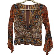 Free People Rosalie Wrap Top Small Bell Sleeve Boho Orange Brown Paisley Blouse