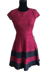 Teeze Me Burgundy Black Lace Overlay Fit and Flare Dress NEW NWT 3/4