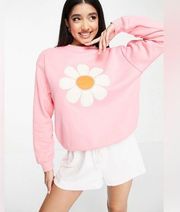 Flower Motif Sweatshirt Pink Medium Crewneck