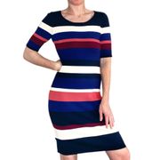 Navy Colorful Stripe Bodycon Midi Short Sleeve Dress