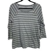 Talbots 100% Pima Cotton Gray White Striped Elbow Sleeve Top Size Large