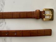Vintage Crocodile Embossed Leather Belt in Camel with Brass Buckle Size Medium