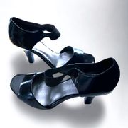 ! S16-  Women's Patent Leather Pumps - Black Peep Toe Heels - Size 9