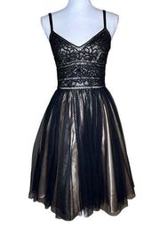 Sue Wong Nocturne Black A-Line Dress Nude Lining Beading Lace Size 2 Women's