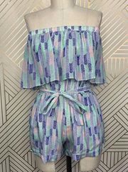 Lemlem Gigi Silk Strapless Romper in Blue Green Chevron Print Size US Small