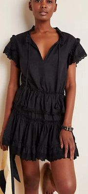 MISA Kamyla Short Sleeve Ruffled Linen Blend Mini Dress Black Women's Size XS