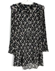 Sora Nevin Black Floral 100% Silk Tie Waist Long Sleeve Dress Size 2