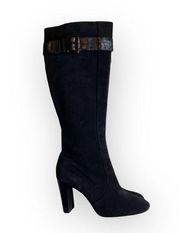 Michael Kors ♔ Croc Embossed Buckled Tall Heeled Boots Boot ♔ Black Suede ♔ 6M ♔