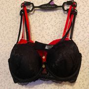 NWOT  36C Black & Red Floral Jacquard Lace Push Up Bra