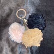 Silver Bag Charm With 3 Puff / Poof Balls Pink Brown & Black