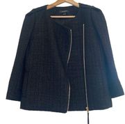 Ann Taylor Black Gold Metallic Wool Blend Tweed Jacket Asymmetric Zipper