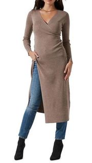 Taupe Cross Front High Slit Long Sweater Sz S