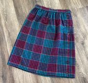 Vintage 90s plaid midi skirt blue pink purple wool blend buttons Small