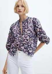 Mango Floral Print Cotton Button Front Blouse Romantic French Women's Size 8