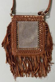 Steve Madden Brown Faux Leather Glam Diamond Diamonds Fringe Tassel Crossbody Bag Purse Pocketbook 🤎✨