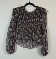Anna Sui | Black and Pink Silk Smocked Long Sleeve Blouse Size Small